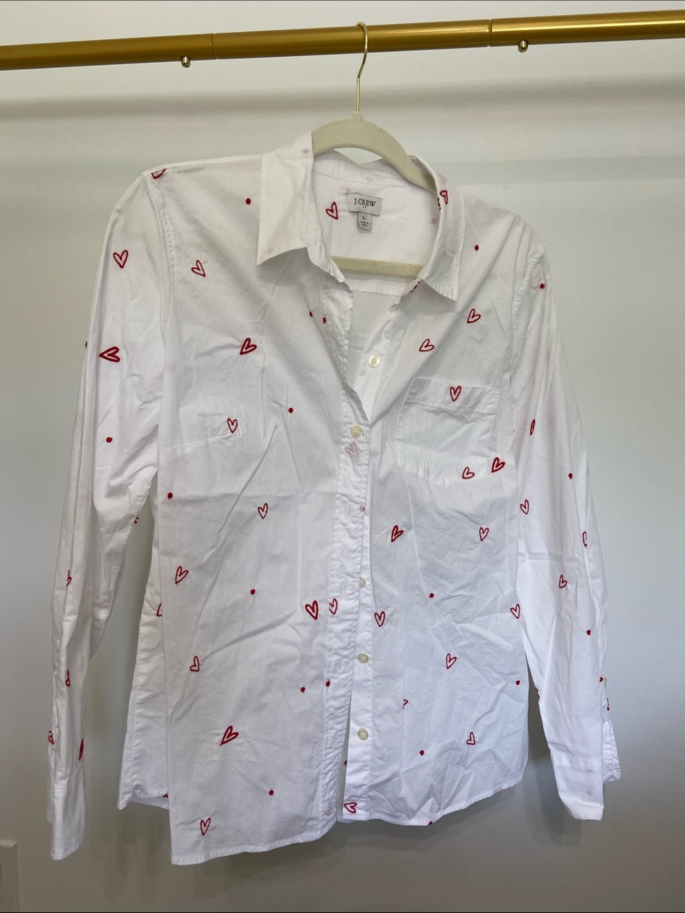 J. Crew White Button-Down Shirt with Red Heart Motif